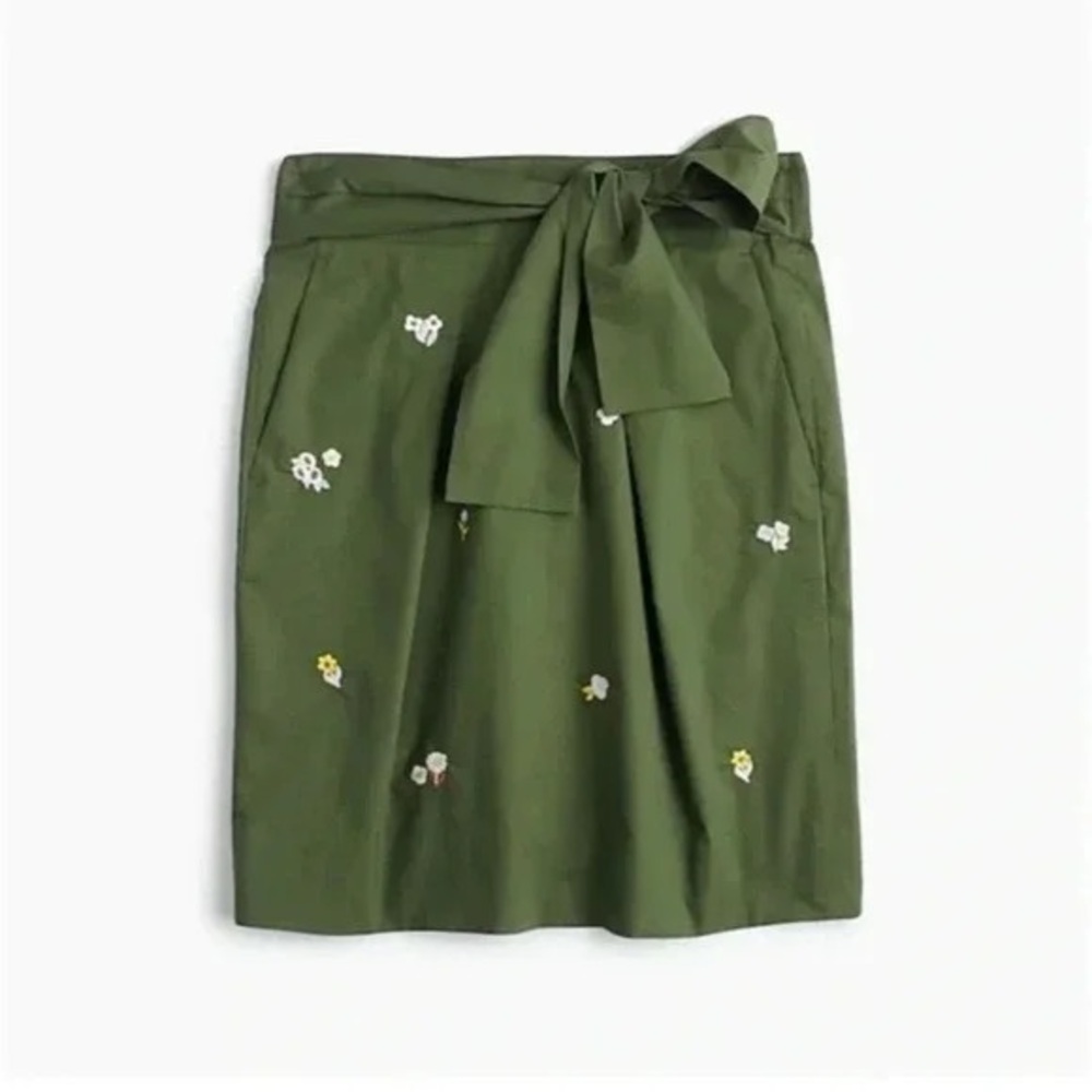 J.Crew Green Embroidered Floral Wrap Skirt 100% Cotton Size 10